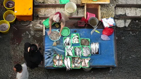 May 4, 2024, Jakarta-High angle view of fish seller at the fish market. Stock Footage 274688762