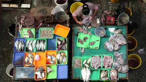 May 4, 2024, Jakarta-High angle view of fish seller at the fish market. Stock Footage 274697147