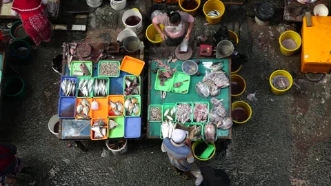 May 4, 2024, Jakarta-High angle view of fish seller at the fish market. Stock Footage 274697674