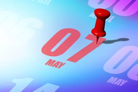 May 7th. Day 7 of month, Red date written and pinned on a calendar to remind you Stock Illustration