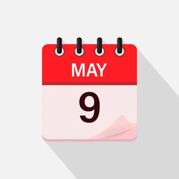 May 9, Calendar icon with shadow. Day, month. Flat vector illustration. Stock Illustration
