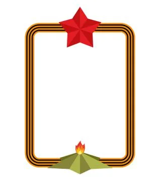 May 9 frame. St. George ribbon and red star. Eternal flame Russian symbol i.. Stock Illustration