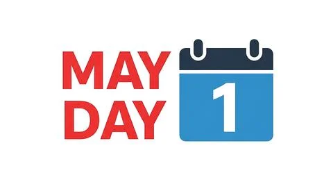 May day graphic with red text and blue calendar icon showing date 1. Illustration