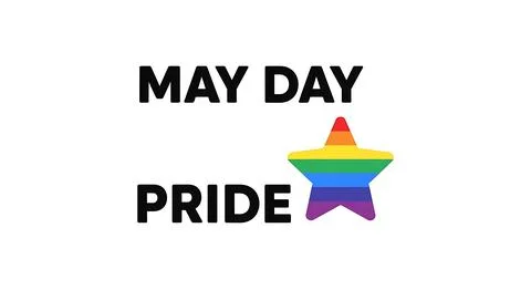 May Day Pride text with rainbow star symbol celebrating diversity. Stock Illustration