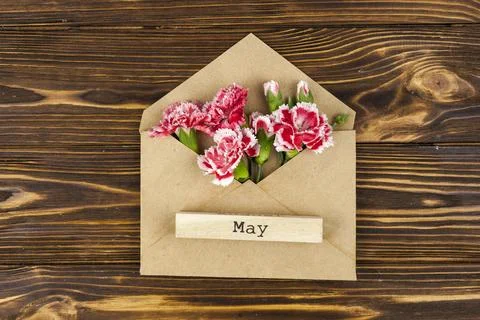 May text wooden block envelope with red carnation flowers Stock Photos