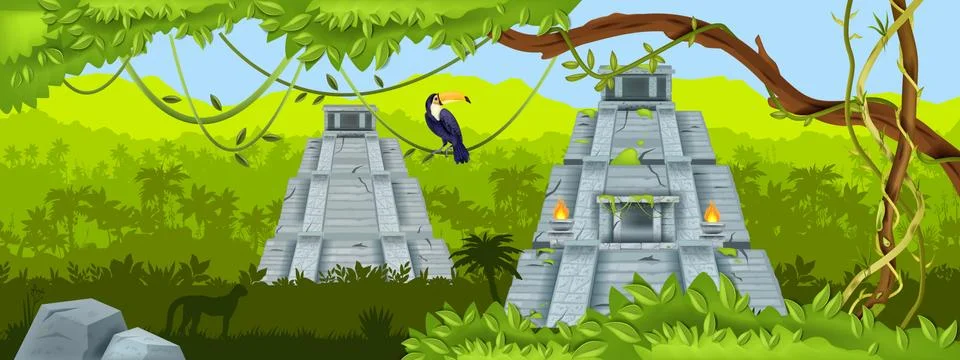 Maya ancient pyramid, jungle vector landscape, Mexico Aztec temple ruin Ilustración de archivo