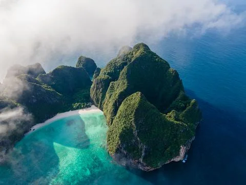 Maya Bay Koh Phi Phi Thailand, Drone aerial view of Maya Bay Koh Phi Phi Stock Photos