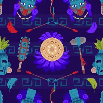 Maya civilization attributes seamless pattern, flat vector illustration. Stock Illustration