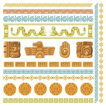 Maya civilization graphics patterns. Aztec decoration elements frames and Stock Illustration