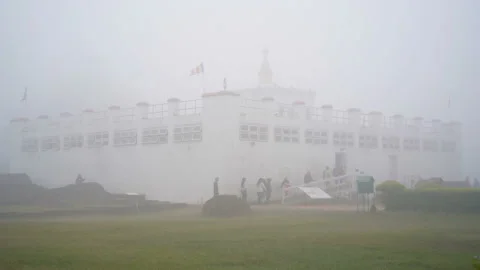Maya Devi Temple in the fog, Lumbini, Nepal, Asia Stock Footage 131339935