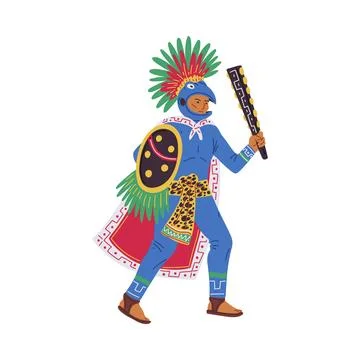 Maya or Aztec ancient tribal warrior with club and shield in ethnic bird costume Stock Illustration