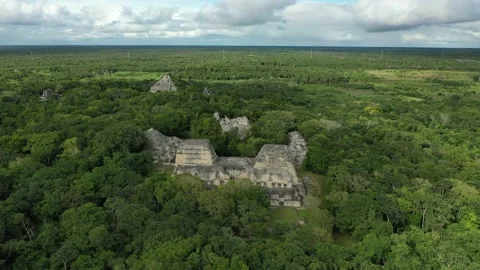 Maya Pyramid Circling Drone Clip of Whole Site, Becan in Rio Bec Area, Mexico 4K Stock Footage 171908783