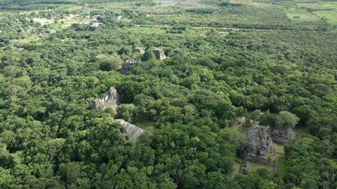 Maya Pyramid Drone View Descent into Jungle, Becan in Rio Bec Area, Mexico, 4K Stock Footage 171932356