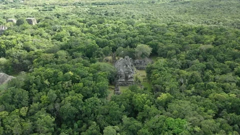 Maya Pyramid Drone View Gliding Tilt with Jungle, Becan in Rio Bec, Mexico 4K Stock Footage 171934330