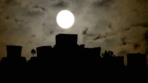 Maya Pyramids of Tulum By Night with Dark Atmosphere, Fog, Smoke, and Full Moon Stock Footage 155558000