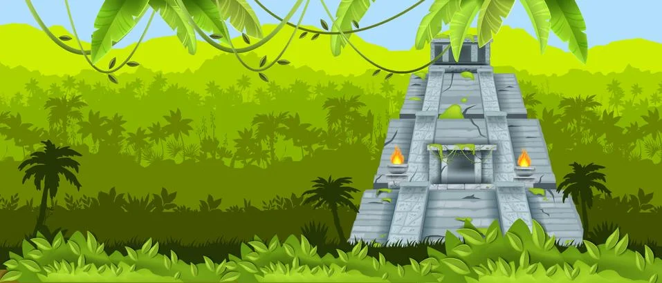 Maya vector pyramid, Aztec ancient temple, Mexican jungle landscape Stock Illustration