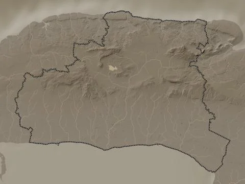 Mayabeque, Cuba. Elevation map colored in sepia tones with lakes and rivers Stock Illustration