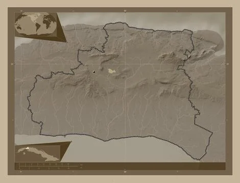 Mayabeque, Cuba. Elevation map colored in sepia tones with lakes and rivers Illustrazione stock