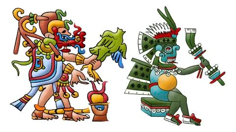 Mayan - Aztec deities Kukulkan and Tlaloc isolated on white background. Stock Illustration