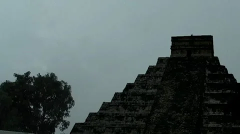 Mayan Doomsday Pyramid in Rain Thunder and Lightning Storm + audio Stock Footage 7340329