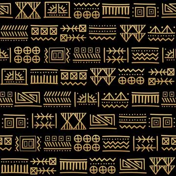 Mayan patchwork seamless pattern. Black and gold colors. Illustrazione stock