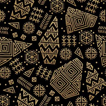 Mayan patchwork seamless pattern. Black and gold colors. Illustrazione stock