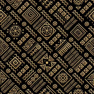 Mayan patchwork seamless pattern. Black and gold colors. イラスト素材