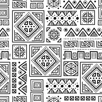 Mayan patchwork seamless pattern. Black and white colors. Stock Illustration