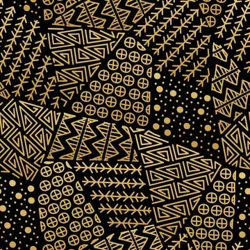 Mayan patchwork seamless pattern. Black and gold colors. イラスト素材