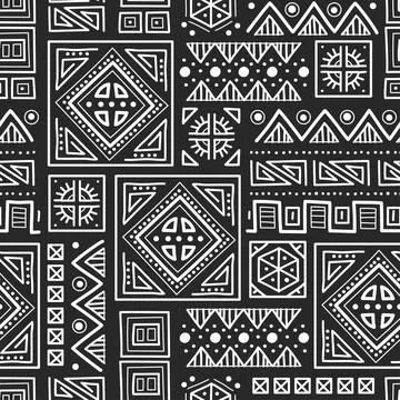 Mayan patchwork seamless pattern. Black and white colors. Illustrazione stock