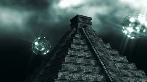 MAYAN PYRAMID WITH ALIEN BALLS FLYING AROUND IT Stock Footage 167125178