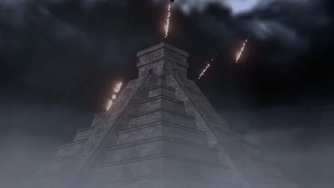 Mayan pyramid with meteors falling on its structure Stock Footage 167134540