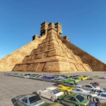 Mayan Pyramid surrounded by a huge paking lot filled with cars 3d rendering Stock Illustration