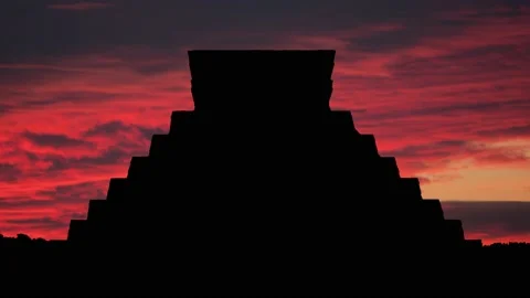Mayan Pyramid Temple of Kukulcan, Chichen Itza, Yucatan, Mexico, Red Sunset Stock Footage 223523989
