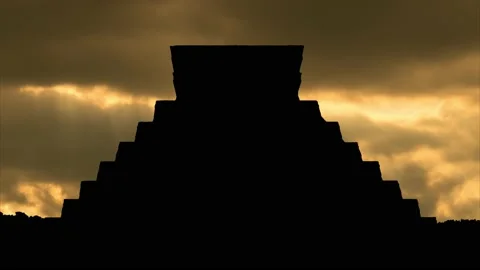 Mayan Pyramid Temple of Kukulcan, Chichen Itza, Yucatan, Mexico, Golden Sunset Stock Footage 223524030
