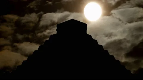 Mayan Pyramid, Time Lapse by Night with Dark Atmosphere, Fog, Smoke Stock Footage 154531203