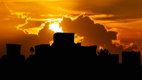 Mayan Pyramid of Tulum, Time Lapse at Sunset with Red Sun and Fiery Sky, Mexico Stock Footage 155558088