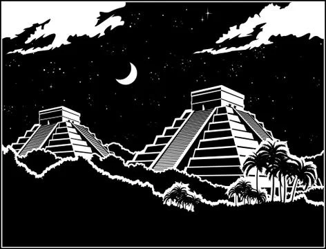Mayan pyramids at night Stock Illustration
