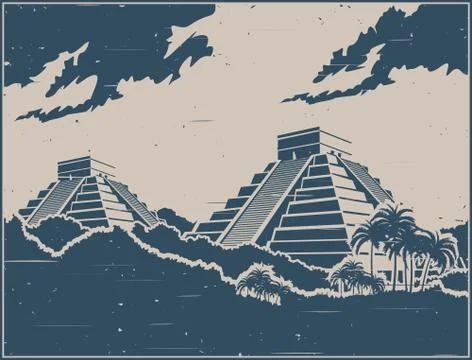 Mayan pyramids retro poster Stock Illustration