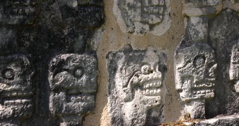 Mayan Ruins Mexico Chichen Itza Skull Platform Mayan God Ancient Archaeological Video stock 118863712