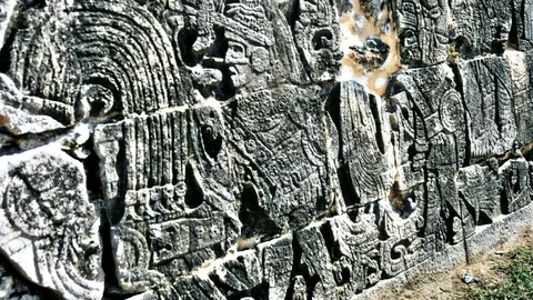 Mayan scriptures on the walls of the ball game court in Yucatan, Mexico HDR Stock Footage 100388109