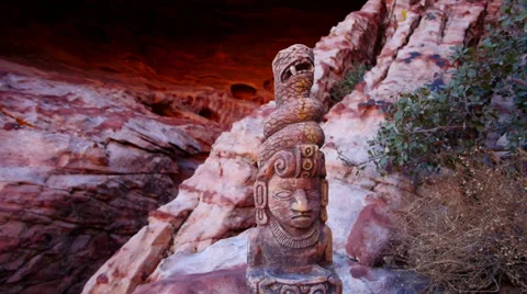 Mayan Serpent Statue in Front of Cave Close Up with Pan Stock Footage 35175352