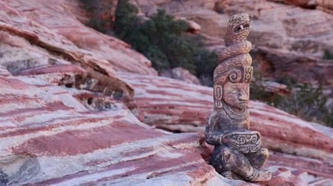 Mayan Statue on Sandstone Ledge Locked Shot Stock Footage 35121410