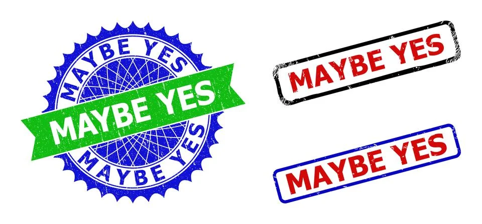 MAYBE YES Rosette and Rectangle Bicolor Seals with Unclean Textures Stock Illustration