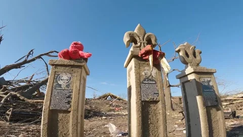 Mayfield Ky Tornado Damage - Monuments with Stuffed Animal Amid Desolation 4 Stock Footage 278124409
