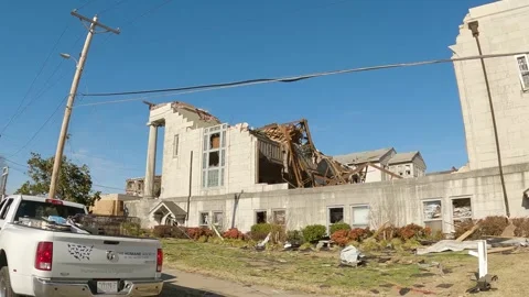 Mayfield Ky Tornado Damage - Slow Motion - Collapsed Church Driveby Stock Footage 278124431