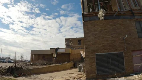 Mayfield Ky Tornado Damage - Slow Motion - Damaged Building Driveby Stock Footage 278124684