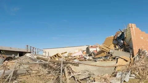 Mayfield Ky Tornado Damage - Slow Motion - Demolished Warehouse Driveby Stock Footage 278124730