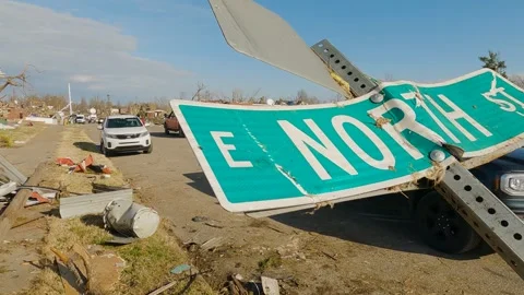 Mayfield Ky Tornado Damage - Slow Motion - Downed North St Sign Stock Footage 278124736