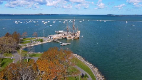 Mayflower II Ship aerial view, Plymouth, Massachusetts, USA Stock Footage 173575286